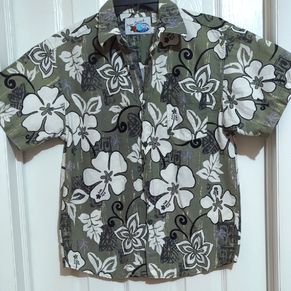 Boy's Floral Short Sleeve Cotton Shirt, Size L